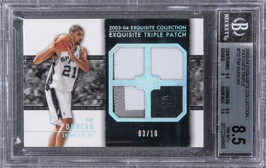 2003-04 UD "Exquisite Collection" Triple Patch #TD Tim Duncan Game Used Patch Card (#03/10) – BGS NM-MT+ 8.5